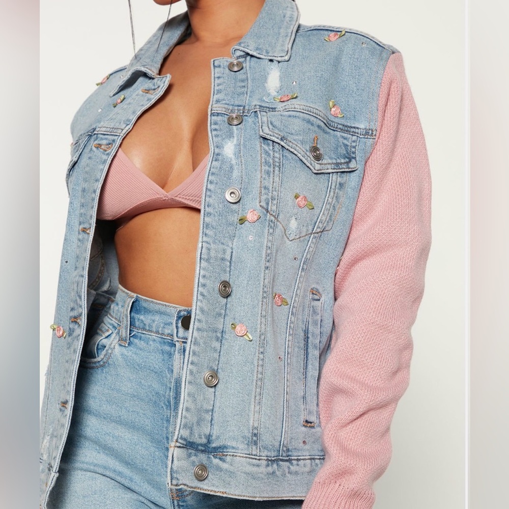 Fashion Nova Blue Jean Jacket with Pink Rose Embroidery